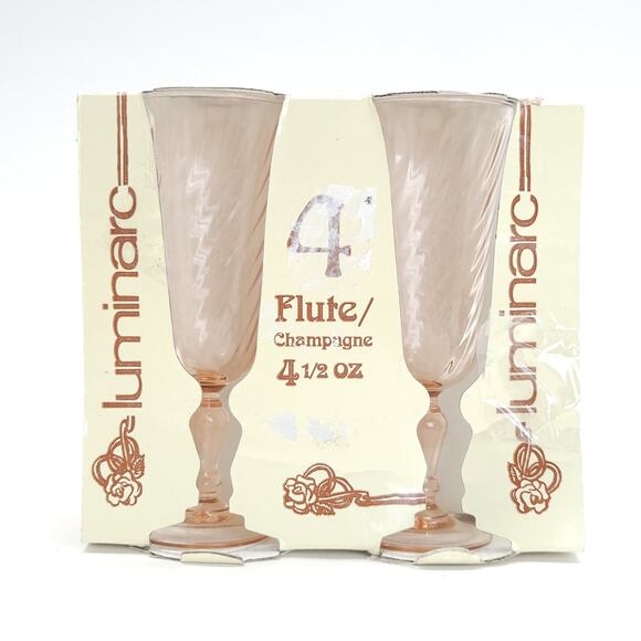 Vtg Luminarc Flute Champagne Glass Pink Rosaline Stemware 60s Cottage Shabby 4pc - Picture 1 of 5